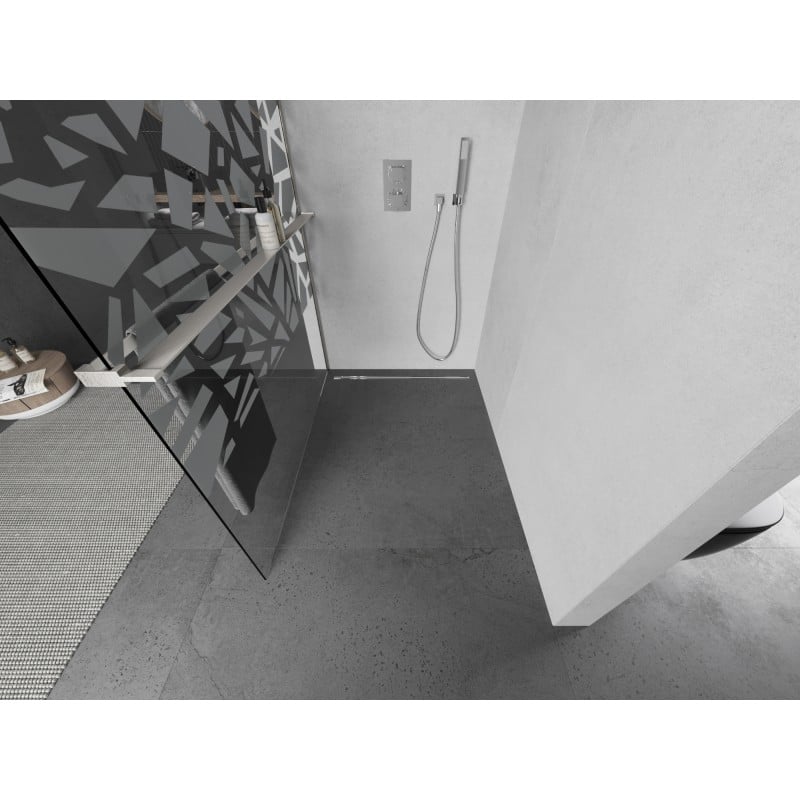 Mexen Kioto+ paroi de douche avec étagère Walk-in 120 x 200 cm, motif blanc, nickel brossé - 800-120-121-97-85