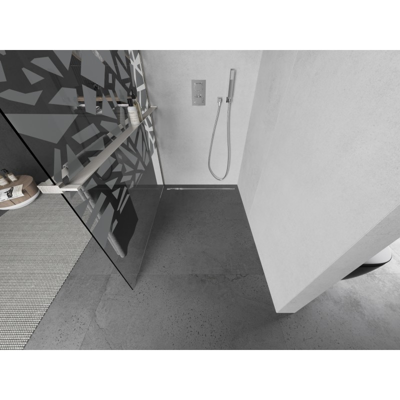 Mexen Kioto+ paroi de douche avec étagère Walk-in 140 x 200 cm, motif blanc, nickel brossé - 800-140-121-97-85