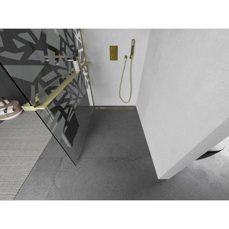 Mexen Kioto+ paroi de douche avec étagère Walk-in 130 x 200 cm, motif blanc, or brossé - 800-130-121-55-85