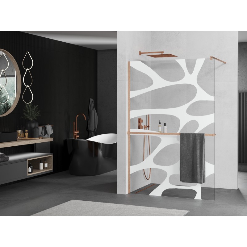 Mexen Kioto+ paroi de douche avec étagère Walk-in 120 x 200 cm, vague blanche, cuivre brossé - 800-120-121-65-97