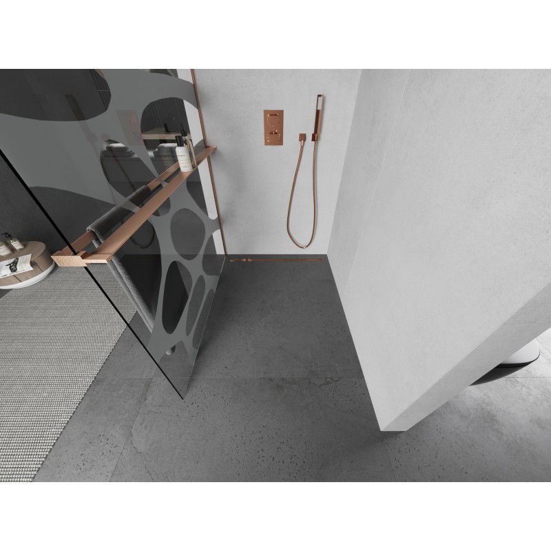 Mexen Kioto+ paroi de douche avec étagère Walk-in 140 x 200 cm, vague blanche, cuivre brossé - 800-140-121-65-97