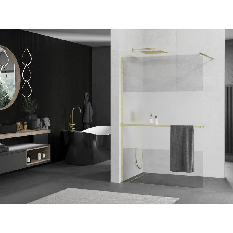 Mexen Kioto+ paroi de douche avec étagère Walk-in 140 x 200 cm, transparent/verre dépoli, or brossé - 800-140-121-55-35