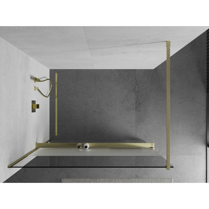 Mexen Kioto+ paroi de douche avec étagère Walk-in 140 x 200 cm, transparent/verre dépoli, or brossé - 800-140-121-55-35