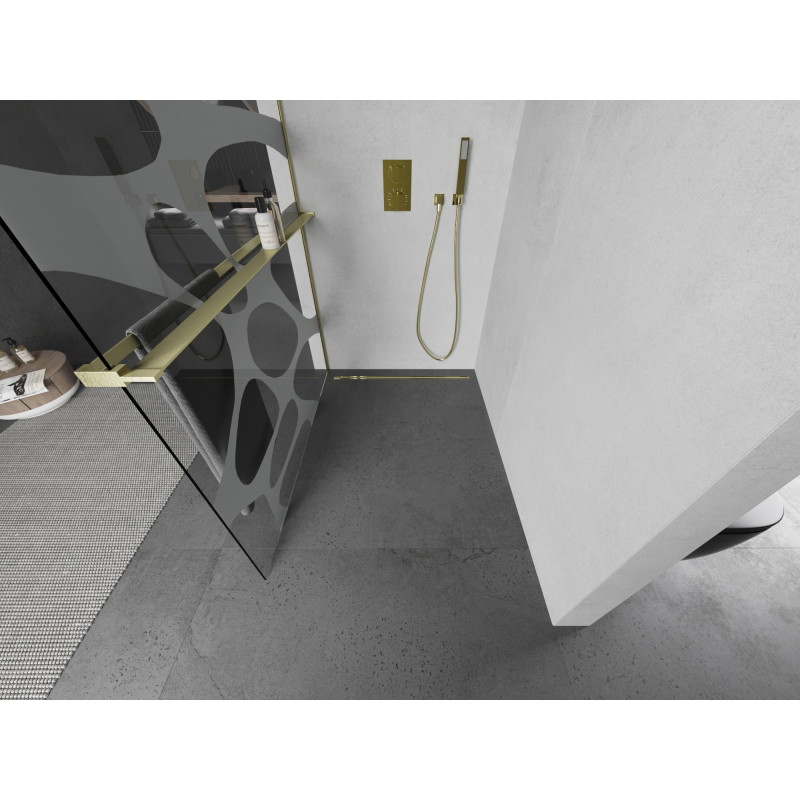 Mexen Kioto+ paroi de douche avec étagère Walk-in 100 x 200 cm, vague blanche, doré brossé - 800-100-121-55-97