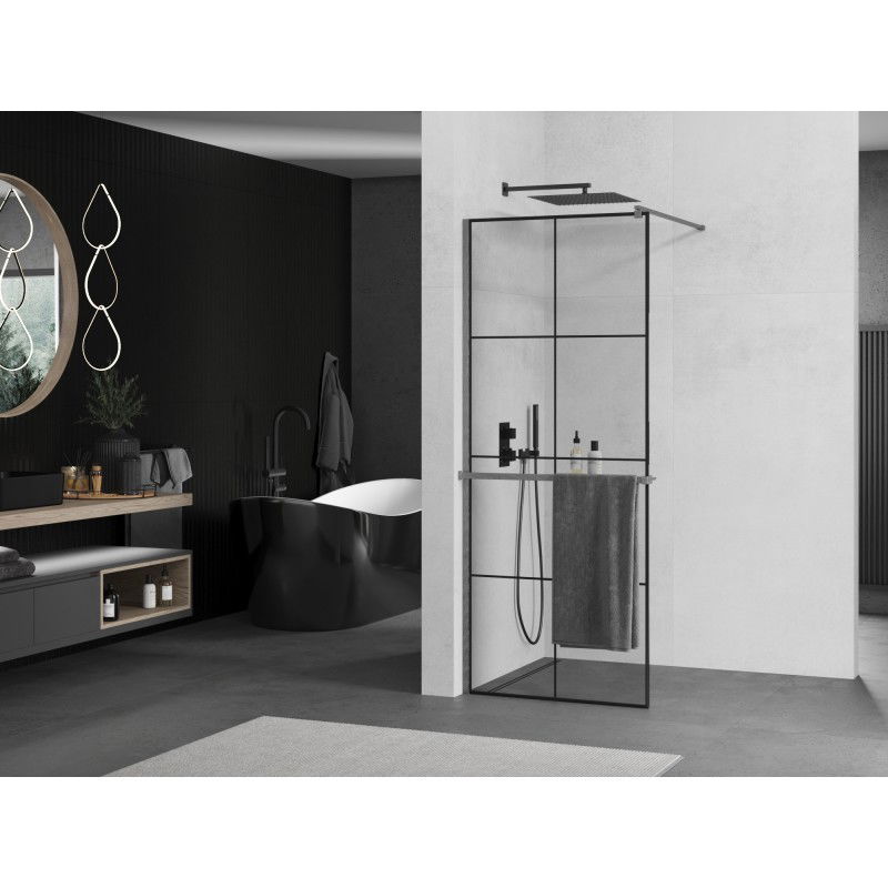 Mexen Kioto+ paroi de douche avec étagère Walk-in 80 x 200 cm, grille noire, gris canon brossé - 800-080-121-66-77