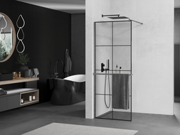 Mexen Kioto+ paroi de douche avec étagère Walk-in 90 x 200 cm, motif noir, gris fusil brossé - 800-090-121-66-77