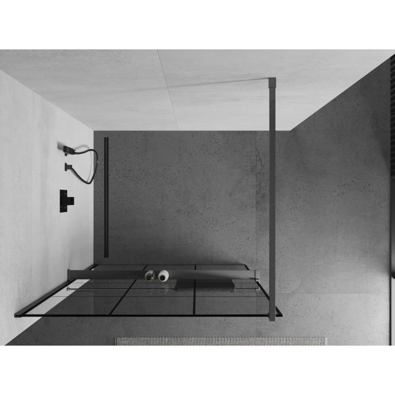 Mexen Kioto+ paroi de douche avec étagère Walk-in 110 x 200 cm, grille noire, gris gun brossé - 800-110-121-66-77