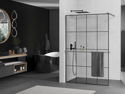 Mexen Kioto+ paroi de douche avec étagère Walk-in 140 x 200 cm, grille noire, métal pistolet - 800-140-121-95-77