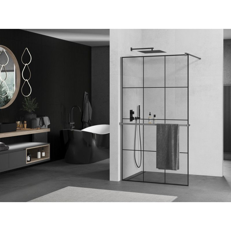 Mexen Kioto+ paroi de douche avec étagère Walk-in 100 x 200 cm, grille noire, métal gun - 800-100-121-95-77