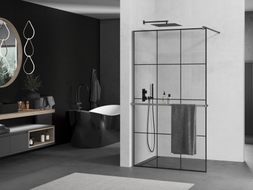 Mexen Kioto+ paroi de douche avec étagère Walk-in 100 x 200 cm, grille noire, métal gun - 800-100-121-95-77
