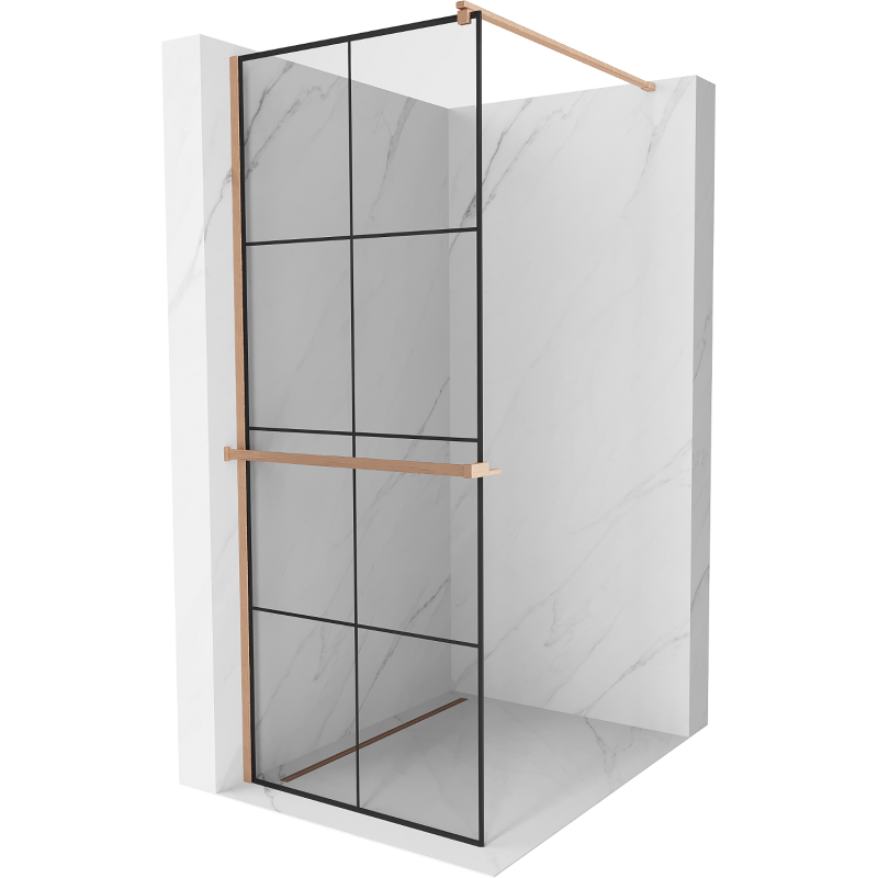Mexen Kioto+ paroi de douche avec étagère Walk-in 90 x 200 cm, grille noire, cuivre brossé - 800-090-121-65-77
