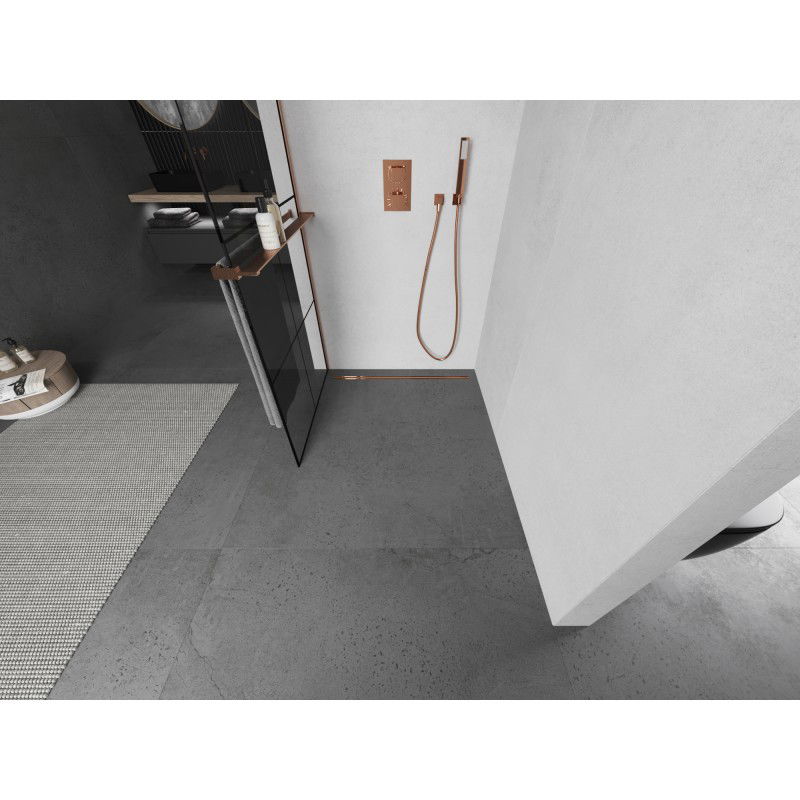 Mexen Kioto+ paroi de douche avec étagère Walk-in 80 x 200 cm, grille noire, cuivre brossé - 800-080-121-65-77