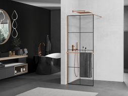 Mexen Kioto+ paroi de douche avec étagère Walk-in 80 x 200 cm, grille noire, cuivre brossé - 800-080-121-65-77
