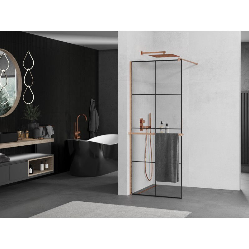 Mexen Kioto+ paroi de douche avec étagère Walk-in 70 x 200 cm, grille noire, cuivre brossé - 800-070-121-65-77