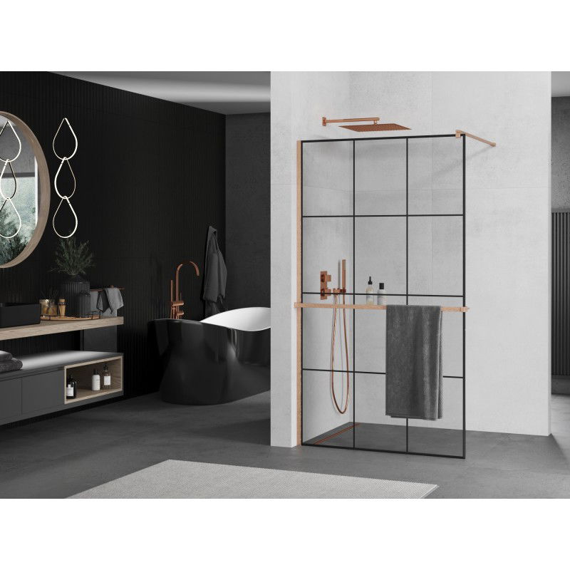 Mexen Kioto+ paroi de douche avec étagère Walk-in 120 x 200 cm, grille noire, cuivre brossé - 800-120-121-65-77