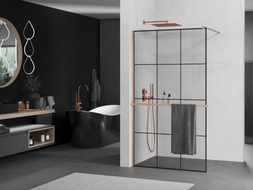 Mexen Kioto+ paroi de douche avec étagère Walk-in 100 x 200 cm, grille noire, cuivre brossé - 800-100-121-65-77