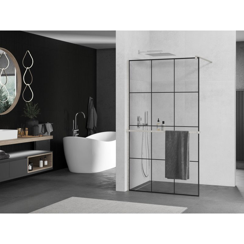 Mexen Kioto+ paroi de douche avec étagère Walk-in 110 x 200 cm, grille noire, nickel brossé - 800-110-121-97-77