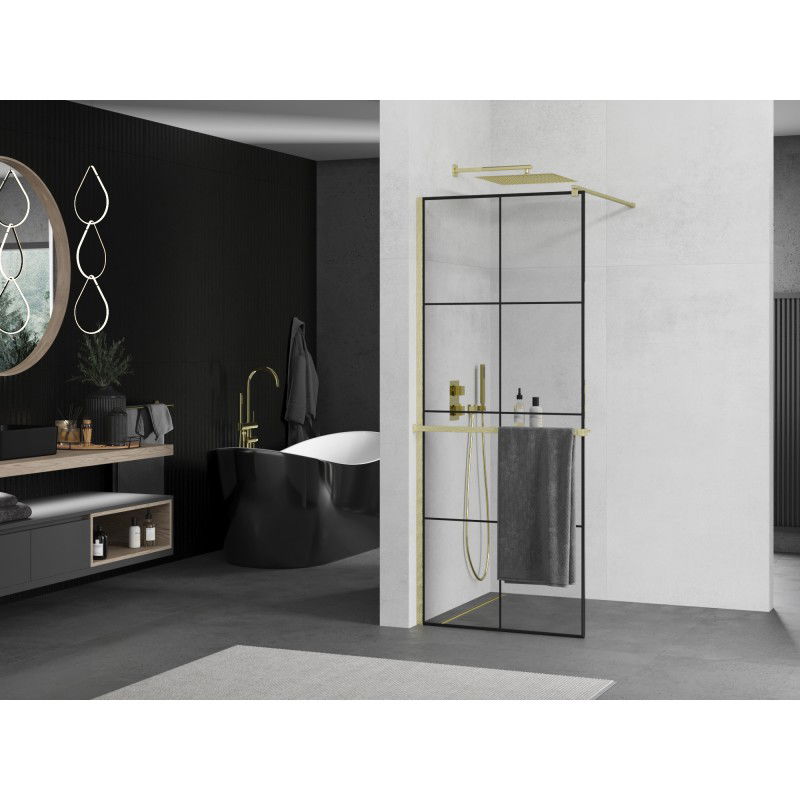 Mexen Kioto+ paroi de douche avec étagère Walk-in 80 x 200 cm, grille noire, doré brossé - 800-080-121-55-77