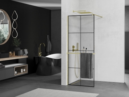 Mexen Kioto+ paroi de douche avec étagère Walk-in 90 x 200 cm, grille noire, doré brossé - 800-090-121-55-77