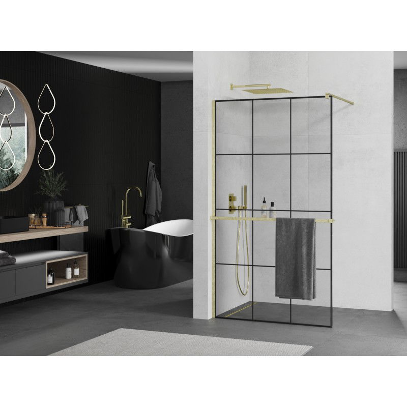 Mexen Kioto+ paroi de douche avec étagère Walk-in 100 x 200 cm, grille noire, dorée brossée - 800-100-121-55-77