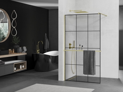 Mexen Kioto+ paroi de douche avec étagère Walk-in 100 x 200 cm, grille noire, dorée brossée - 800-100-121-55-77