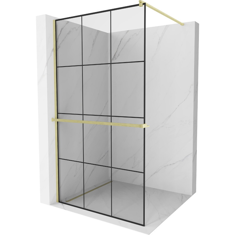 Mexen Kioto+ paroi de douche avec étagère Walk-in 110 x 200 cm, grille noire, dorée brossée - 800-110-121-55-77
