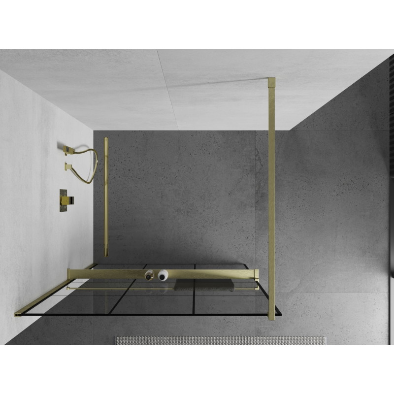 Mexen Kioto+ paroi de douche avec étagère Walk-in 110 x 200 cm, grille noire, dorée brossée - 800-110-121-55-77