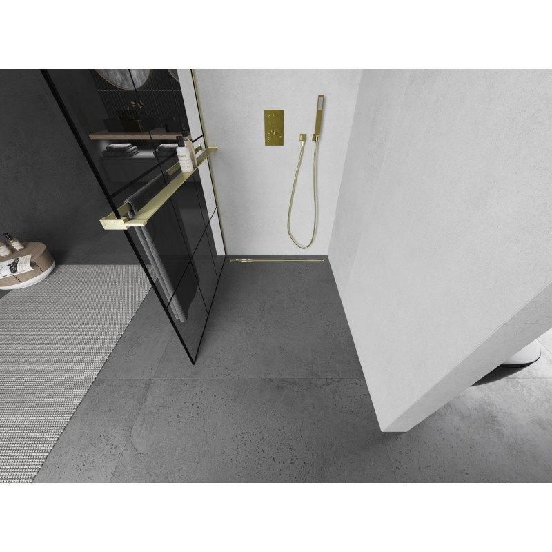 Mexen Kioto+ paroi de douche avec étagère Walk-in 110 x 200 cm, grille noire, dorée brossée - 800-110-121-55-77