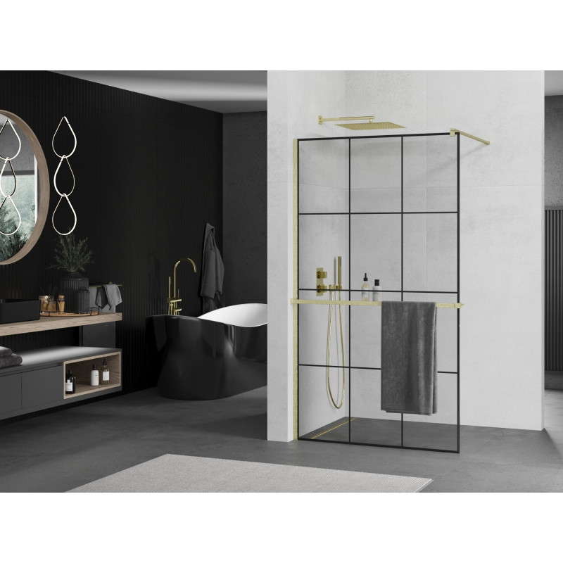 Mexen Kioto+ paroi de douche avec étagère Walk-in 110 x 200 cm, grille noire, dorée brossée - 800-110-121-55-77