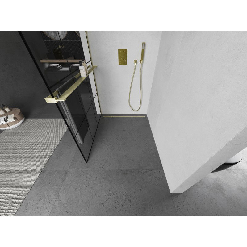 Mexen Kioto+ paroi de douche avec étagère Walk-in 120 x 200 cm, grille noire, dorée brossée - 800-120-121-55-77