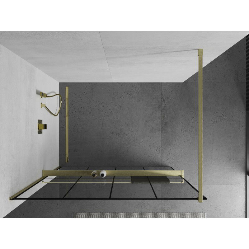 Mexen Kioto+ paroi de douche avec étagère Walk-in 130 x 200 cm, grille noire, doré brossé - 800-130-121-55-77