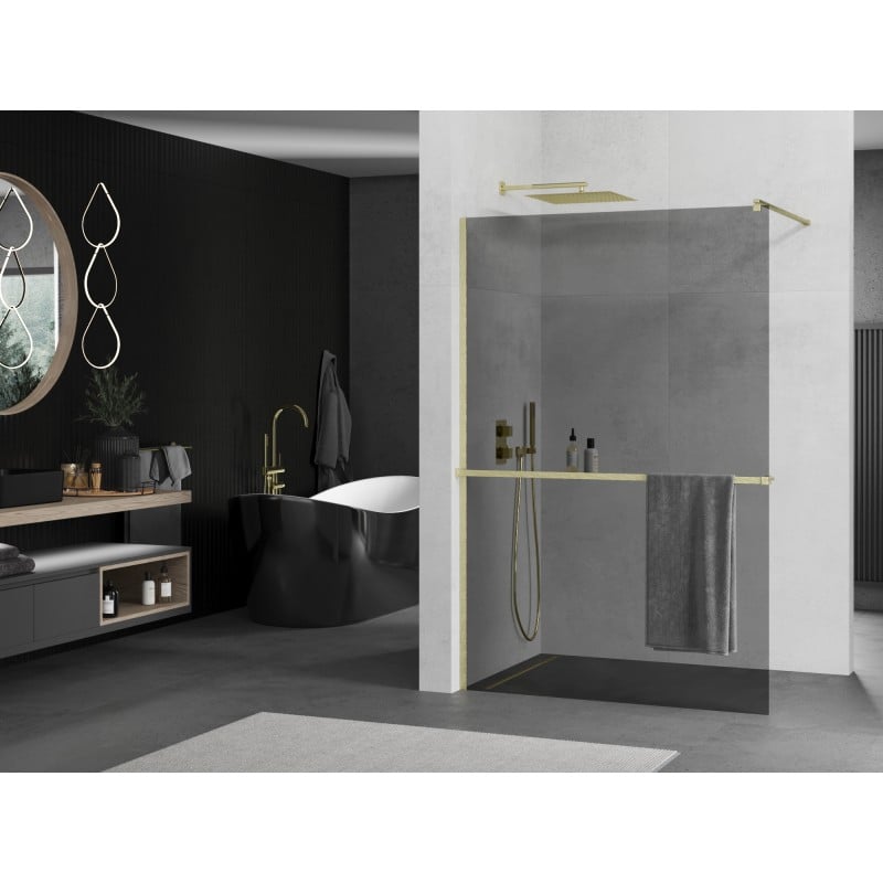 Mexen Kioto+ paroi de douche avec étagère Walk-in 110 x 200 cm, graphite, or brossé - 800-110-121-55-40