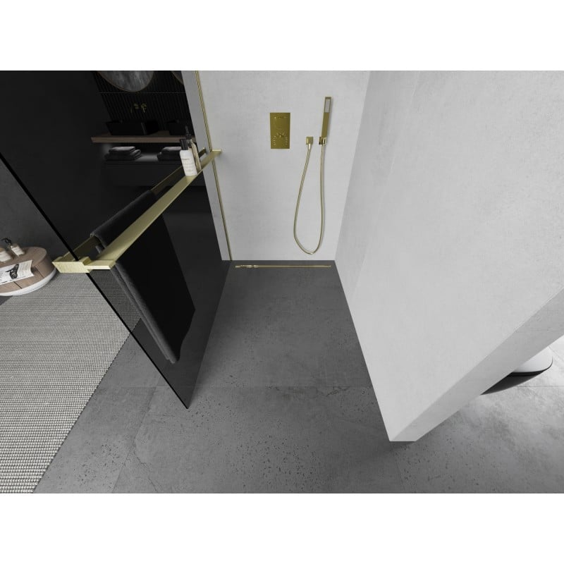Mexen Kioto+ paroi de douche avec étagère Walk-in 110 x 200 cm, graphite, or brossé - 800-110-121-55-40