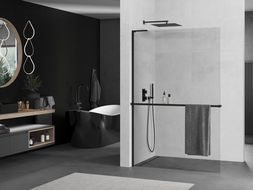 Panneau de douche Mexen Kioto+ L avec étagère Walk-in 85 x 200 cm, transparent, noir - 800-085-123-70-00