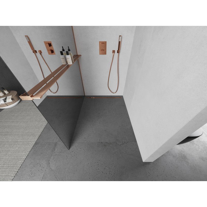 Mexen Kioto+ paroi de douche avec étagère Walk-in 100 x 200 cm, miroir, cuivre brossé - 800-100-121-65-50
