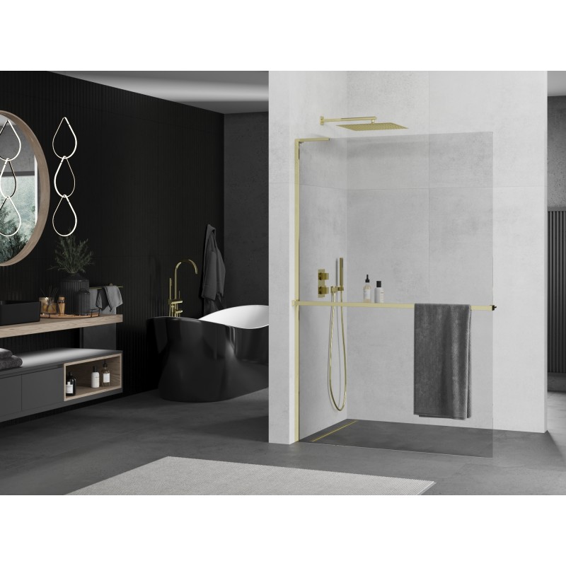 Mexen Kioto+ L paroi de douche avec étagère Walk-in 95 x 200 cm, transparent, doré - 800-095-123-50-00