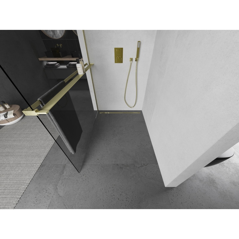 Mexen Kioto+ L paroi de douche avec étagère Walk-in 50 x 200 cm, transparent, or brossé - 800-050-123-55-00