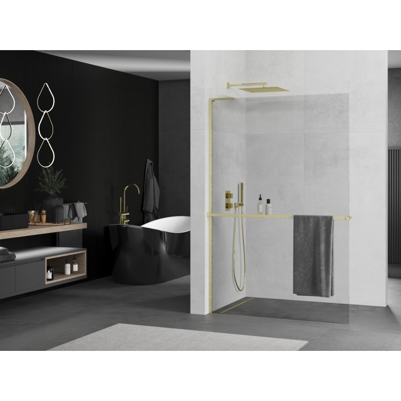 Mexen Kioto+ L Paroi de douche avec étagère Walk-in 70 x 200 cm, transparent, or brossé - 800-070-123-55-00