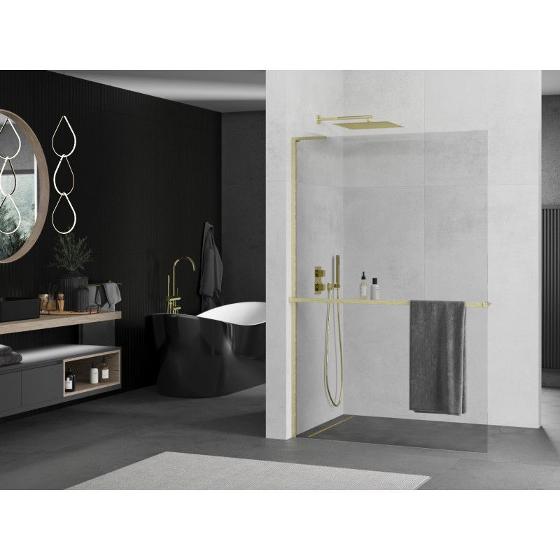 Mexen Kioto+ L paroi de douche avec étagère Walk-in 85 x 200 cm, transparent, or brossé - 800-085-123-55-00