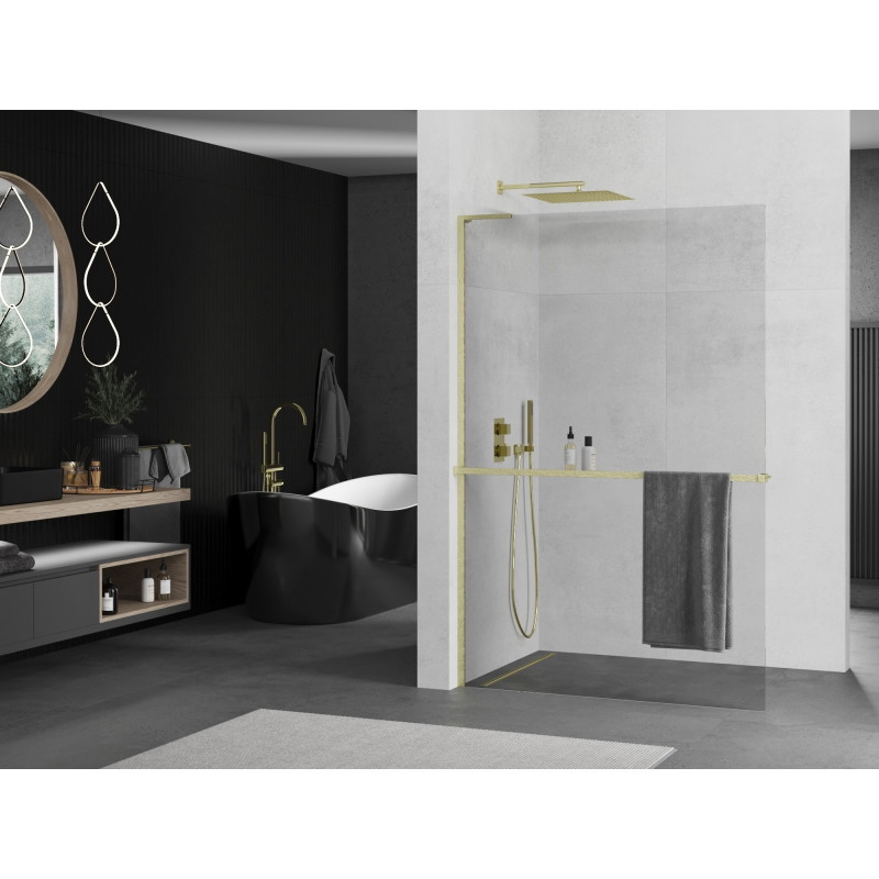 Mexen Kioto+ L cloison de douche avec étagère Walk-in 90 x 200 cm, transparent, or brossé - 800-090-123-55-00