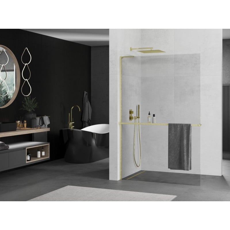 Mexen Kioto+ L paroi de douche avec étagère Walk-in 115 x 200 cm, transparent, or brossé - 800-115-123-55-00