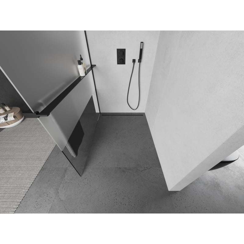 Mexen Kioto+ L paroi de douche avec étagère Walk-in 120 x 200 cm, transparent/givre, noir - 800-120-123-70-35