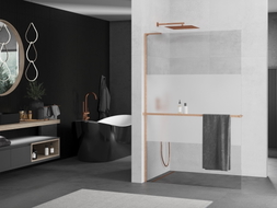 Mexen Kioto+ L paroi de douche avec étagère Walk-in 90 x 200 cm, transparent/verre dépoli, cuivre brossé - 800-090-123-65-35