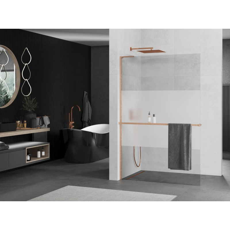 Mexen Kioto+ L paroi de douche avec étagère Walk-in 110 x 200 cm, transparent/givre, cuivre brossé - 800-110-123-65-35