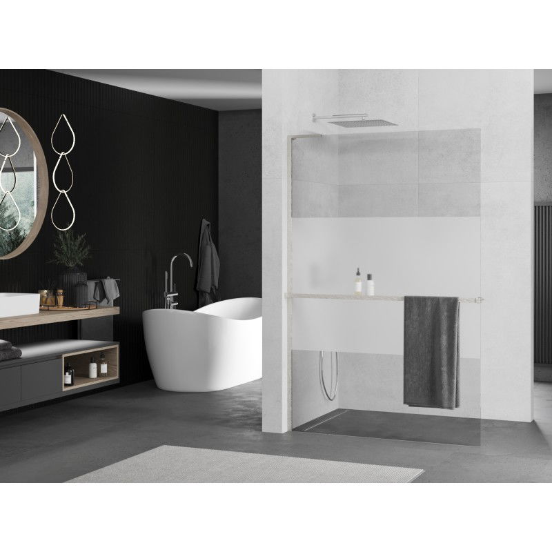 Mexen Kioto+ L paroi de douche avec étagère Walk-in 100 x 200 cm, transparent/verre dépoli, nickel brossé - 800-100-123-97-35