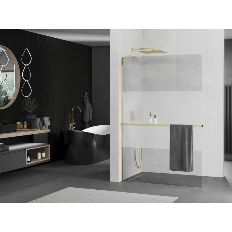 Mexen Kioto+ L paroi de douche avec étagère Walk-in 90 x 200 cm, transparent/givré, doré - 800-090-123-50-35