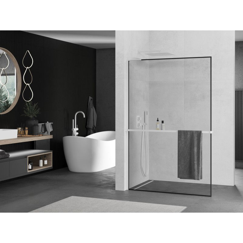 Mexen Kioto+ L paroi de douche avec étagère Walk-in 60 x 200 cm, cadre noir, blanc - 800-060-123-20-70