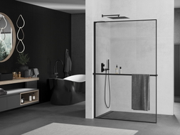 Mexen Kioto+ L paroi de douche avec étagère Walk-in 110 x 200 cm, cadre noir, noir - 800-110-123-70-70