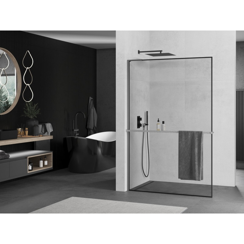 Mexen Kioto+ L paroi de douche avec étagère Walk-in 120 x 200 cm, cadre noir, gun metal - 800-120-123-95-70
