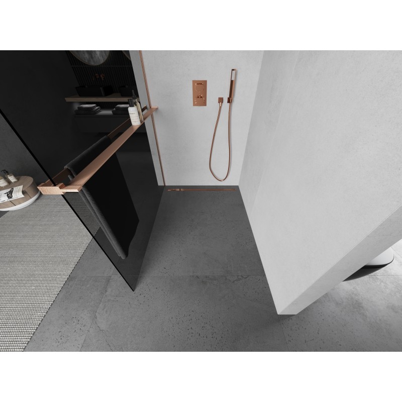 Mexen Kioto+ L paroi de douche avec étagère Walk-in 110 x 200 cm, graphite, cuivre brossé - 800-110-123-65-40